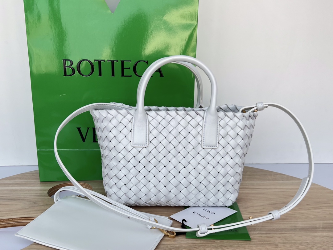 Mini Cabat Intreccio Leather Tote White